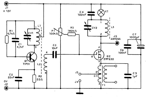 Circuito básico do tranmissor que opera entre 530 e 600 Khz
