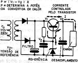 Uma fonte com regulagem simples com transistor em série com a carga. 