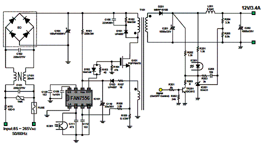 Circuito de aplicação de um conversor de 40 W para 12 V x 3,4 A.
