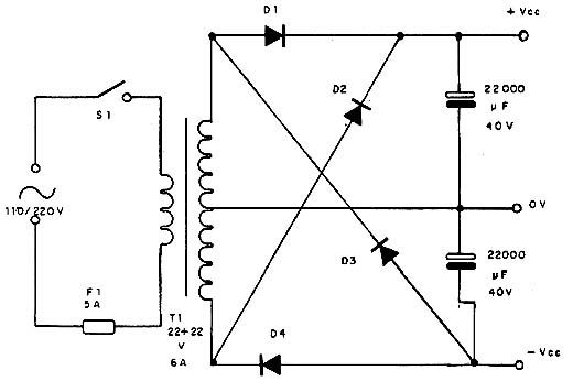 Fonte para o amplificador (um canal) - para dois canais o transformador deve ser de 22 + 22 V x 10 ª
