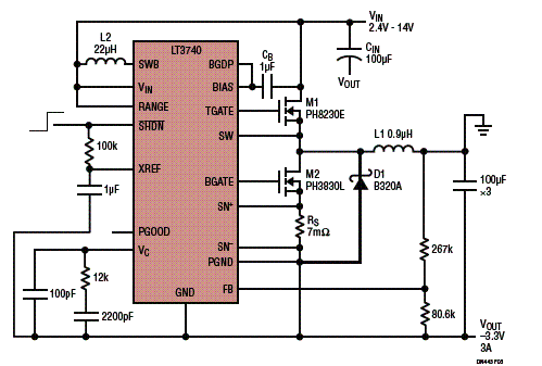 Este circuito produz uma tensão negativa de 3,3 V com corrente até 3 A partir de tensões de entrada positivas de 2,4 V a 14 V.
