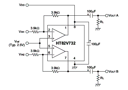 Figura 6 - Diagrama do amplificador de 60 mW Holtek na versão estéreo.
