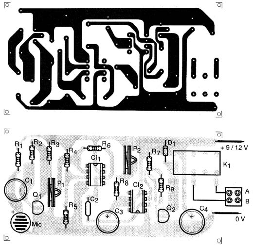 Placa de circuito impresso da chave sônica.
