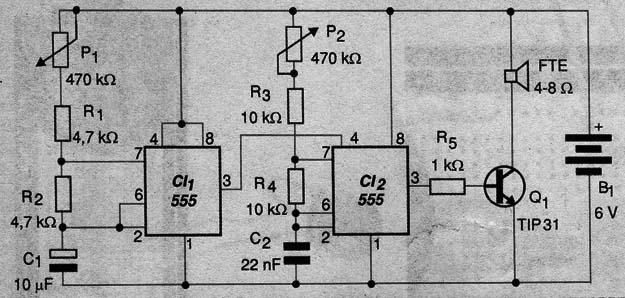 Sirene bi-tonal com dois circuitos integrados 555.
