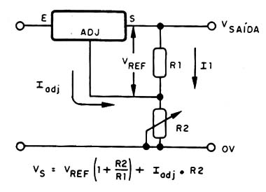 Fig. 2 - Uso do LM338. Fórmula para a determinação da tensão de saída.
