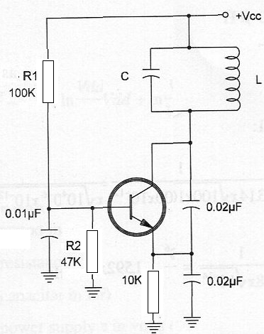 Oscilador de Colpitts com transistor. Os componentes estão com os valores típicos
