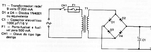 Fig. 2 — Circuito de uma fonte para alimentar o circuito da Fig. 111-1 a partir da rede elétrica.
