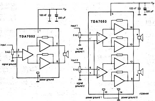 Configurações para os circuitos integrados TDA7052 e TDA7053. 