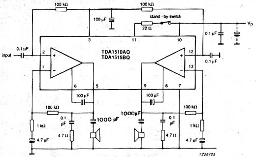 Circuito estéreo dos TDA1510Q e TDA1515BQ. 