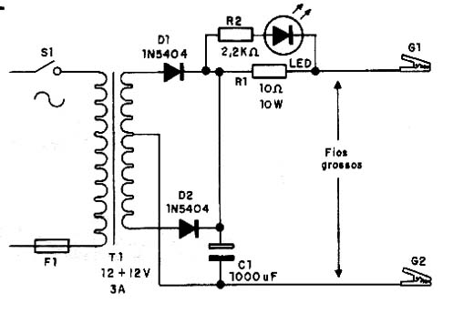 Um carregador simples de bateria - G1 e G2 são ligados aos pólos da bateria e o resistor de 10 ohms serve como limitador de corrente. 