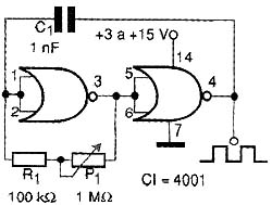 Oscilador astável com freqüência entre 500 Hz e 5 kHz. 
