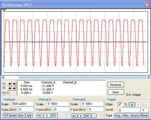 Forma de onda obtida no osciloscópio virtual do MultiSIM