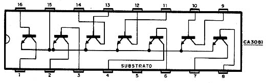 O CA3081 contém 7 transistores de uso geral NPN com emissores em comum.
