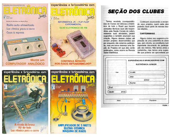 Figura 2 – Seção de clubes na revista Experiências e Brincadeiras com Eletrônica Jr e exemplares da minha coleção.
