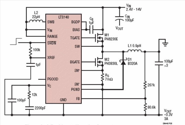   Figura 1 - Este circuito produz uma tensão negativa de 3,3 V com corrente até 3 A partir de tensões de entrada positivas de 2,4 V a 14 V.
