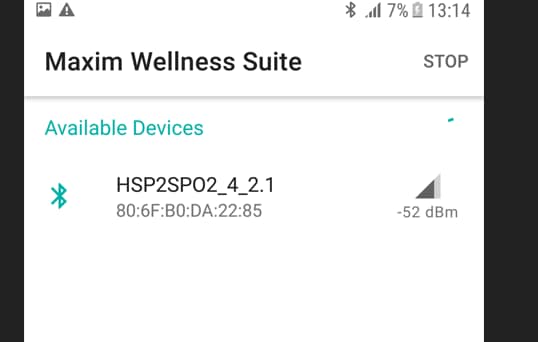 Figura 15: Aplicativo Maxim Wellness Suite para Android – conexão BLE (Fonte: Mouser Electronics)
