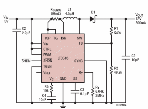 Figura 1 -  Conversor boost com saída de 12 V x 500 mA a partir de entrada de 5 V.
