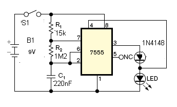 Figura 1 -: Oscilador controlado pela luz. O sensor é o próprio LED que pisca numa frequência determinada por R1, R2 e C1.
Figura 1 -: Oscilador controlado pela luz. O sensor é o próprio LED que pisca numa frequência determinada por R1, R2 e C1.