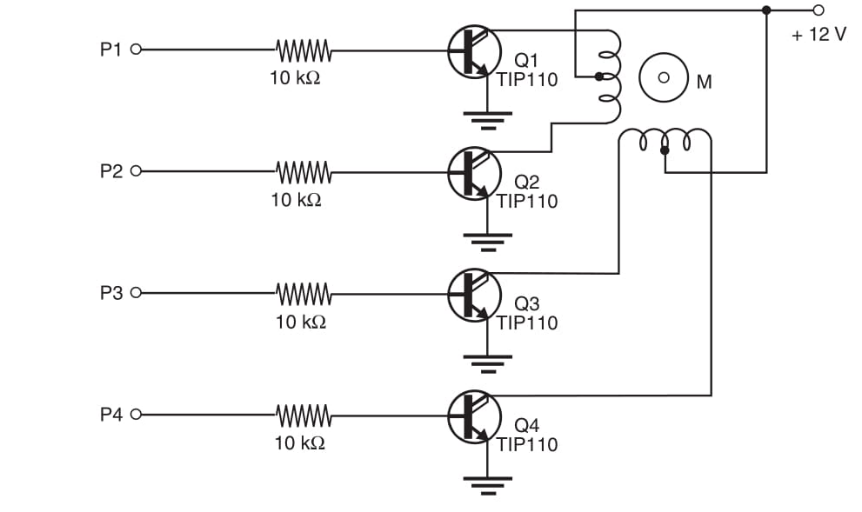 Figura 1 - Controlando um motor de passo com transistores Darlington NPN.
Figura 1 - Controlando um motor de passo com transistores Darlington NPN.