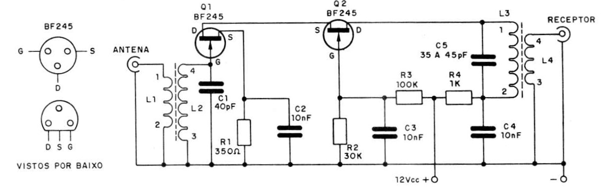 Figura 1 — Esquema completo do pré-amplificador para antena PX. Mostramos dois tipos de transistores FETs, sendo um de metal e outro de plástico, com os respectivos terminais.
Figura 1 — Esquema completo do pré-amplificador para antena PX. Mostramos dois tipos de transistores FETs, sendo um de metal e outro de plástico, com os respectivos terminais.