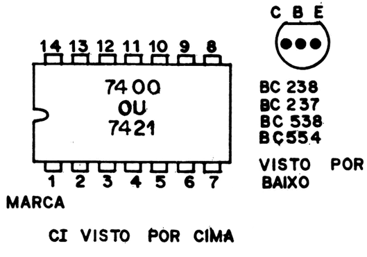 Fig. 2 - Aspecto físico dos Cls empregados e numeração dos pinos bem como a identificação dos terminais do transistor 
