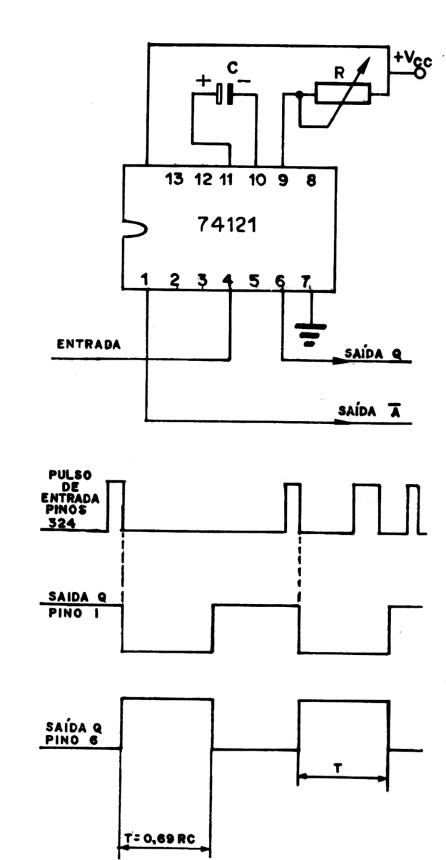 Fig. 7 - Temporizador à desativação (Descida) utilizando o monoestável 74121 e seu diagrama de fases. 
