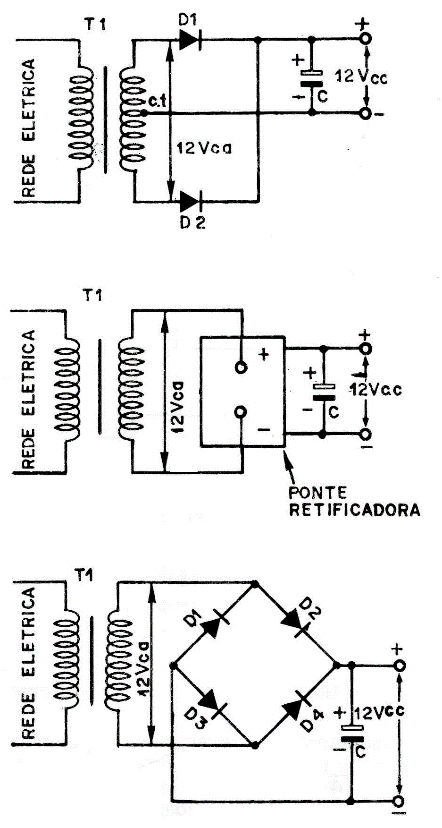 Fig. 12 - Opções para as fontes: C - 1000 pF/16v -  D1 a D4 - diodos retificadores do tipo BY 127 - Ponte retificadora - BY 164 ou equivalente
