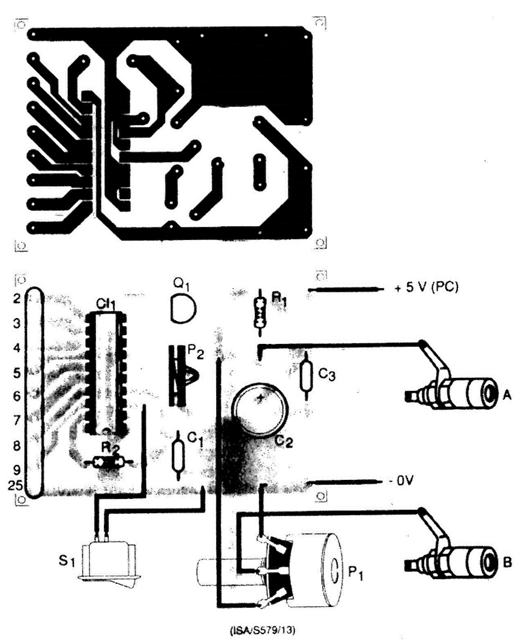 Figura 3- Placa de circuito impresso para o circuito mostrado na Fig. 2. Figura 3- Placa de circuito impresso para o circuito mostrado na Fig. 2.
