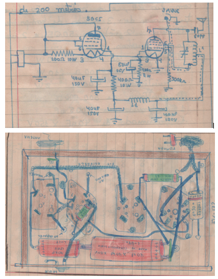 O transmissor e a montagem – desenhos originais de meu caderno